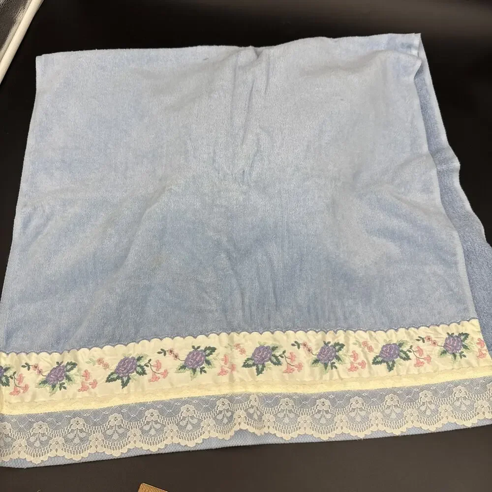 2-Piece Towel Set Light Blue Floral Trim After Bath Luxury by J Abouchar & Sons